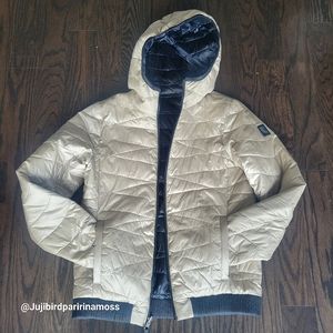 LOLË reversible woman quilted bomber jacket with hood navy champagne size S